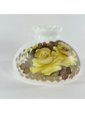 Vintage Hurricane Shade Milk Glass 10 in Filter Yellow Floral Roses